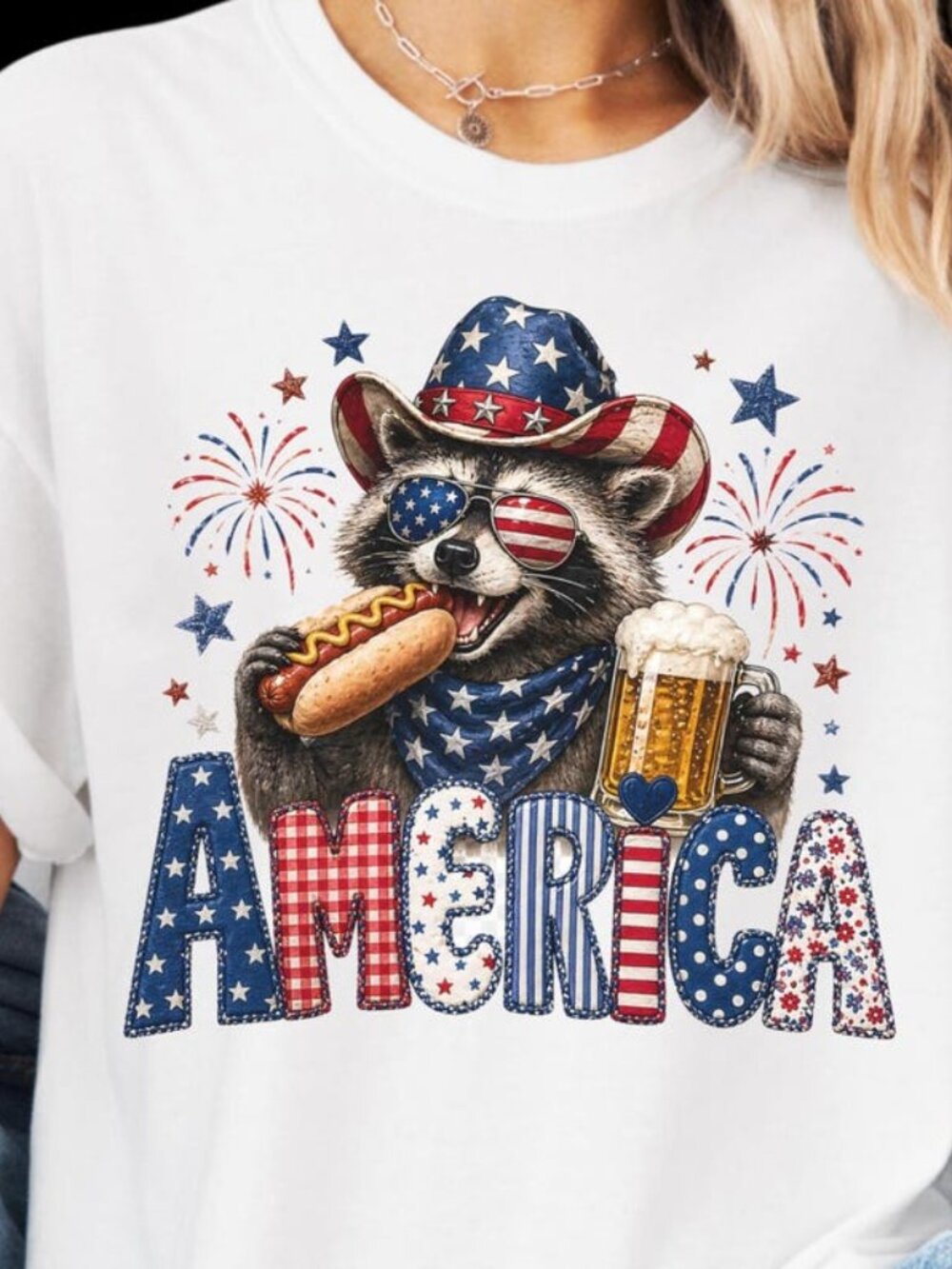 Trendy Patriotic Raccoon Shirt Women Fourth July Tee
